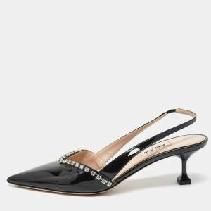 Miu Miu Black Patent Leather Crystal Embellished Pointed Toe Slingback Pumps Size 39