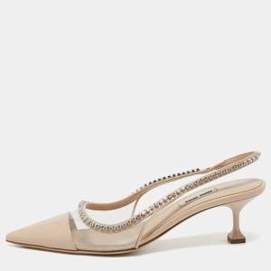 Miu Miu Beige Patent Leather and PVC Embellished Slingback Pumps Size 39