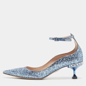 Miu Miu Blue Glitter Crystal Embellished Ankle Strap Pointed Toe Pumps Size 38