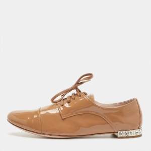 Miu Miu Beige Patent Leather Crystal Embellished Lace Derby Size 38