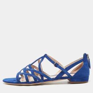 Miu Miu Blue Suede Buckle Detail Strappy Flat Sandals Size 39.5