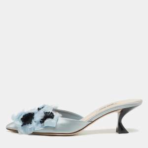Miu Miu Blue Satin Floral Applique Mules Size 38