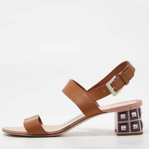 Miu Miu Brown Leather Crystal Embellished Block Heel Ankle Strap Sandals Size 40