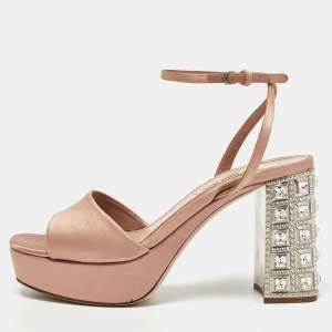 Miu Miu Light Pink Satin Crystal Embellished Platform Ankle Strap Sandals Size 38.5