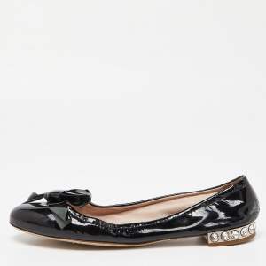 Miu Miu Black Patent Leather Crystal Embellished Bow Ballet Flats Size 37.5