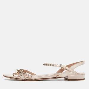 Miu Miu Pink Patent Leather Strappy Crystal Embellished Flat Sandals Size 38