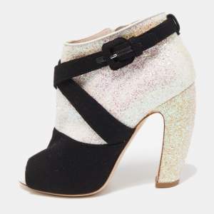 Miu Miu Silver/Black Glitter and Suede Peep-Toe Ankle Boots Size 38