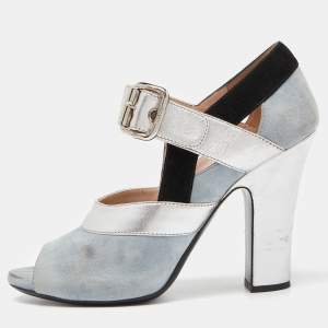 Miu Miu Tri Color Leather and Suede Bow Peep Toe Pumps Size 38