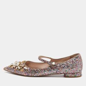 Miu Miu Multicolor Coarse Glitter Crystal Embellished Mary Jane Ballet Flats Size 37.5