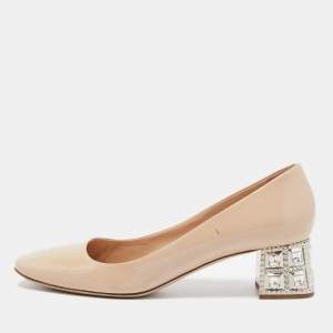 Miu Miu Beige Patent Leather Crystal Embellished Block Heel Pumps Size 37.5