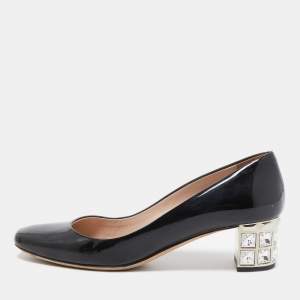 Miu Miu Black Patent Leather Crystal Embellished Block Heel Pumps Size 37