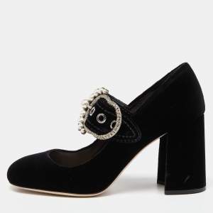 Miu Miu Black Velvet Pearl Embellished Mary Jane Pumps Size 38.5