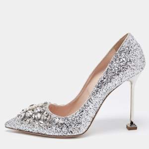 Miu Miu Silver Studded Glitter Crystal Embellished Pointed-Toe Pumps Size 38