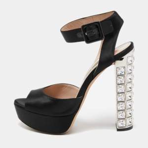 Miu Miu Black Satin Crystal Embellished Platform Ankle Strap Sandals Size 36.5