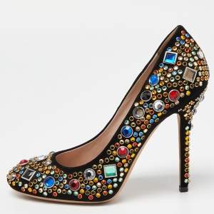 Miu Miu Black Suede Donna Multicolor Crystal Embellished Pumps Size 40
