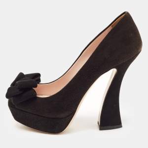Miu Miu Black Suede Bow Peep Toe Platform Pumps Size 36