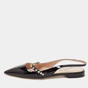 Miu Miu Black Patent Leather Slingback Crystal Embellished Mary Jane Flats Size 37.5