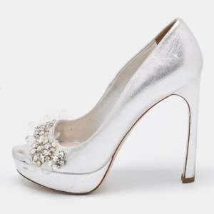 Miu Miu Silver Leather Embellished Peep Toe Platform Pumps Size 36.5