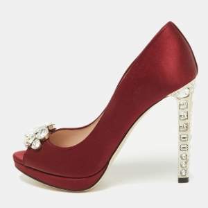 Miu Miu Burgundy Satin Crystal Embellished Heel Peep-Toe Pumps Size 38