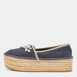 Miu Miu Blue Denim Crystal Embellished Platform Espadrille Flats Size 37.5