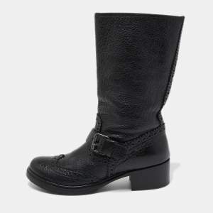Miu Miu Black Brogue Leather Buckle Detail Mid Calf Boots Size 38.5