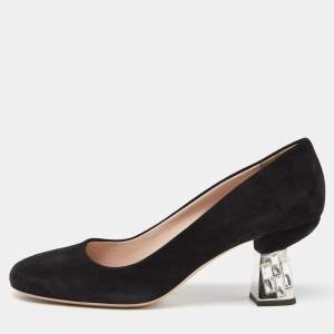 Miu Miu Black Suede Crystal Embellished Block Heel Pumps Size 38