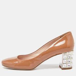 Miu Miu Beige Patent Leather Crystal Embellished Block Heel Pumps Size 38