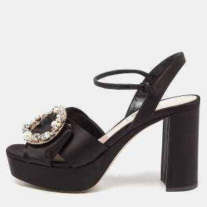 Miu Miu Black Satin Crystal Embellished Block Heel Ankle Strap Platform Sandals Size 39