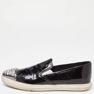 Miu Miu Black Patent Leather Crystals Embellished Slip On Loafers Size 37