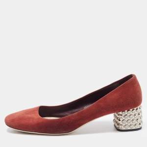 Miu Miu Burgundy Suede Crystal Embellished Block Heel Pumps Size 41