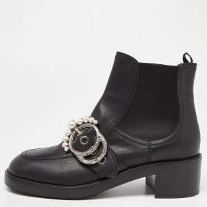 Miu Miu Black Leather Crystal Embellished Boots Size 39