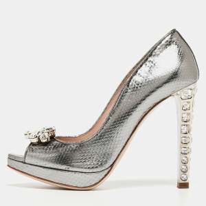 Miu Miu Silver Python Embossed Leather Crystal Embellished Heel Peep Toe Platform Pumps Size 36.5