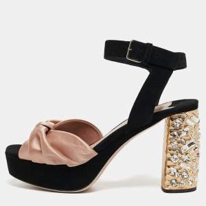 Miu Miu Black/Pink Suede and Satin Bow Crystal Embellished Heel Platform Ankle Strap Sandals Size 37