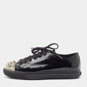 Miu Miu Black Patent Leather Crystal Studded Sneakers Size 37