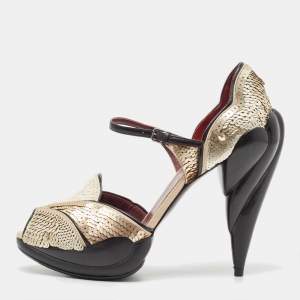 Miu Miu Gold/Black Sequin and Leather Marry Jane Pumps Size 40.5