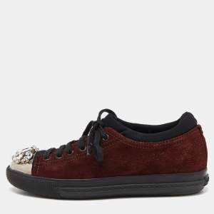 Miu Miu Brown/Black Suede and Neoprene Crystal Cap Toe Sneakers Size 38.5
