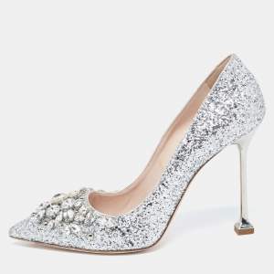 Miu Miu Silver Glitter Crystal Embellished Pointed Toe Pumps  Size 38