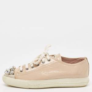 Miu Miu Beige Patent Leather Crystal Embellished Cap Toe Low Top Sneakers Size 36