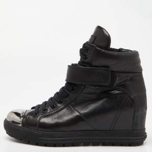 Miu Miu Black Leather Toe Cap Wedge Ankle Boots Size 38.5