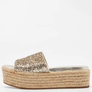 Miu Miu Metallic Gold Glitter Espadrille Platform Slide Sandals Size 37