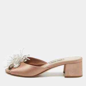 Miu Miu Beige Satin Crystal Embellished Peep Toe Block Heel Slide Sandals Size 35