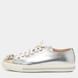 Miu Miu Silver Patent Leather Crystal Embellished Cap-Toe Low-Top Sneakers Size 39