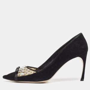 Miu Miu Black Suede and PVC Crystal Embellished Pointed Toe Pumps Size 38.5