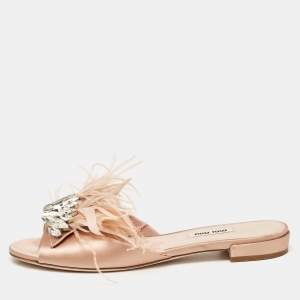 Miu Miu Beige Satin and Feathers Crystal Embellished Flat Slides Size 39
