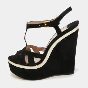 Miu Miu Black Suede T-Strap Platform Wedge Sandals Size 40