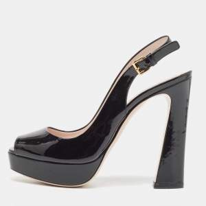 Miu Miu Black Patent Leather Open Toe Platform Slingback Pumps Size 39