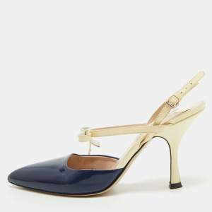 Miu Miu Navy Blue/Cream Patent Leather Bow Slingback Pumps Size 39