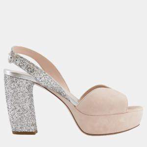 Miu Miu Powder Pink Suede Platform with Silver Sequin Heel Size EU 38