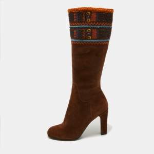 Miu Miu Brown Suede Embellished Knee Length Boots Size 40.5 