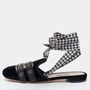 Miu Miu Black Velvet and Leather Strappy Flat Mules Size 42
